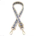Detail of geometric pattern woven bag strap with adjustable gold buckle and spring hooks - Style 7 Khaki Lake Blue
