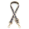 Close-up of beige and navy geometric woven bag strap with adjustable gold metal buckle - Style 8 Khaki Black