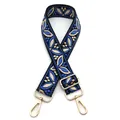 Detail of ethnic embroidered blue and beige woven bag strap with golden metal lobster clasps - Style 12 Black Sky Blue
