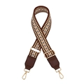 Close-up of ethnic geometric woven strap with brown leather ends and gold buckles - No.6 Coffee Blue Plaid