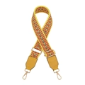 Detail of colorful geometric woven strap with yellow leather ends and gold metal hooks - No.11 Yellow