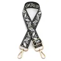 Close-up of ethnic floral jacquard bag strap with adjustable gold-tone metal buckles - Style 24 Black Matcha Green