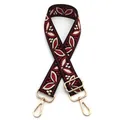 Detail of adjustable bag strap featuring red and white ethnic floral embroidery and gold hooks - Style 25 Black Wine Red