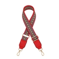 Macro detail of red geometric woven bag strap with golden metal clips and PU leather - No.18 Red