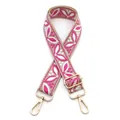 Close-up of pink floral jacquard strap with golden metal swivel hooks and adjuster - Style 33 Beige Rose Pink