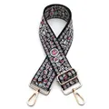 Close-up of ethnic floral embroidery on a wide black bag strap with gold metal buckles - No. 1 Black Pink White Floral