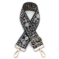 Close-up of floral embroidered bag strap with gold metal hooks and adjustable buckle - No. 5 Black Light Pink Floral / Silver Clasp