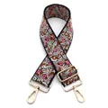 Close-up of ethnic style floral embroidery on wide adjustable bag strap with gold hooks - No. 12 Black Beige Pink Brown Floral