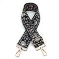 Close-up of ethnic style wide bag strap with floral embroidery and gold lobster clips - No. 17 Black Brown Light Pink Floral