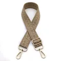 Detail of adjustable 3.8cm wide chevron fabric shoulder strap with gold-tone metal buckles - Khaki