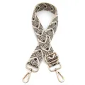 Close-up of geometric diamond pattern on wide canvas guitar strap with gold hardware hooks - Style 2 Beige Dark Gray (Silver Buckle)