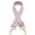Detail view of woven purple and beige geometric diamond pattern on wide guitar style bag strap - Style 6 Beige Purple (Silver Buckle)
