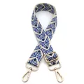 Detail of blue and beige geometric diamond pattern guitar strap with gold metal hooks - Style 9 Beige Lake Blue (Silver Buckle)