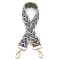 Detailed view of adjustable wide bag strap with navy and beige geometric diamond pattern - Style 16 Beige Blue (Silver Buckle)