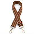 Close-up of adjustable striped brown and gold shoulder strap with gold metal swivel hooks - Style 31 Brown