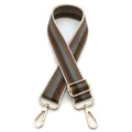 Close-up of adjustable striped handbag strap with golden metal lobster clasps - No. 1 Dark Khaki Gray Striped
