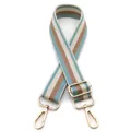 Close-up of adjustable striped bag strap with gold metal hooks and blue weaving - No. 4 Bean Green Striped