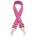 Detail view of pink checkerboard woven strap with golden metal hardware and swivel hooks - Deep Rose Pink