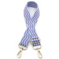 Close-up of adjustable purple and blue checkered woven shoulder strap with gold hardware - Light Periwinkle