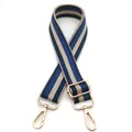 Detail of adjustable woven bag strap with blue and beige stripes and gold lobster clasps - No. 8 Blue Striped