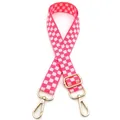 Close-up of pink and white checkered bag strap with gold metal lobster clasps and buckle - Rose Pink