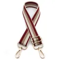 Detail of adjustable crossbody strap featuring burgundy and khaki woven stripes with gold hardware - No. 11 Wine Red Striped