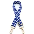 Detail of adjustable blue and white checkered bag strap with gold metal hooks - Sapphire Blue
