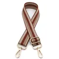 Detailansicht des bunten gestreiften Taschenriemens mit goldenen Karabinerverschlüssen - Silberverschluss / Nr. 14 Braun Gestreift