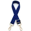 Detail of blue checkerboard nylon bag strap with polished gold metal swivel hooks - Black and Blue