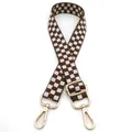 Detail view of brown checkered adjustable nylon shoulder strap with gold metal hooks - Dark Khaki