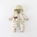 Tuta da neve neonato beige con cappuccio, piumino d'anatra e motivo a elefante - Verde / 66CM