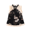 Winter-Qipao-Kleid für Mädchen mit schwarzem Jacquard-Stoff und weißem Kunstfellkragen - 73cm / Schwarz