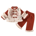 Completo Tang cinese da bambina con ricamo floreale e bordi in calda pelliccia sintetica - 73 / Rosso
