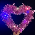 Pink tinsel heart wreath with multicolored LED lights for Valentine's day party decor - Pink Heart Wreath With Multicolor Lights