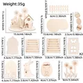 Detailed size chart for Easter 3D DIY wooden puzzle featuring bunny and cottage pieces - Eggshell Sunflower Fence Cabin Style