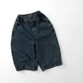 Dettaglio di pantaloncini in denim a righe per bambini con vita elastica e bottone - 80cm / Righe Blu Retrò