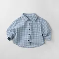 Detalle de camisa vaquera de cuadros para niños con bolsillo cuadrado y botones - 80cm / Cuadros Azules