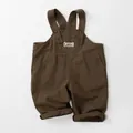 Detail of dark brown cotton-linen overalls with Luck! embroidery and adjustable straps - 80 / Brown