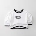 Dettaglio maglietta in cotone per bambini con collo a costine nero e stampa frontale - 80 / Bianco Sporco