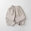 Close-up of light beige breathable double-layer cotton gauze pants for toddlers - 80cm / Apricot
