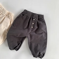 Detailed view of elastic waist and pocket on soft cotton linen kids' casual pants - 90cm / Gray