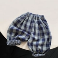 Kids vintage blue plaid cotton pants with elastic waist and loose lantern leg fit - 80cm / Blue Plaid
