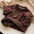 Detail view of cotton kids sweatshirt showing soft fleece lining and ribbed neckline texture - Dark Coffee
