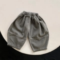 Detail of loose dark grey cotton harem pants for kids featuring an elastic waistband - Dark Gray / 80cm