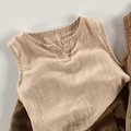 Close-up of beige sleeveless toddler top showing breathable cotton linen fabric texture - 80cm / Beige