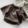 Detailed flat lay of cotton kids' t-shirts in brown and beige with a chart print - 80cm / Purple and Coffee