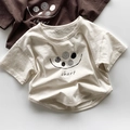 Short sleeve cotton T-shirt for kids in beige and dark coffee with minimalist print - 80cm / Off-white