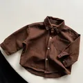 Detaillierte Flachbildaufnahme eines dunkelbraunen Langarm-Baumwollhemdes mit Knöpfen - 80cm / Dunkelkaffee