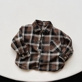 Close-up of vintage brown plaid flannel shirt with front pocket and button details - Dark Coffee / 80cm