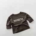 Detail shot of soft cotton fabric and MOMENT letter print on dark brown kids long sleeve shirt - 80cm / Brown